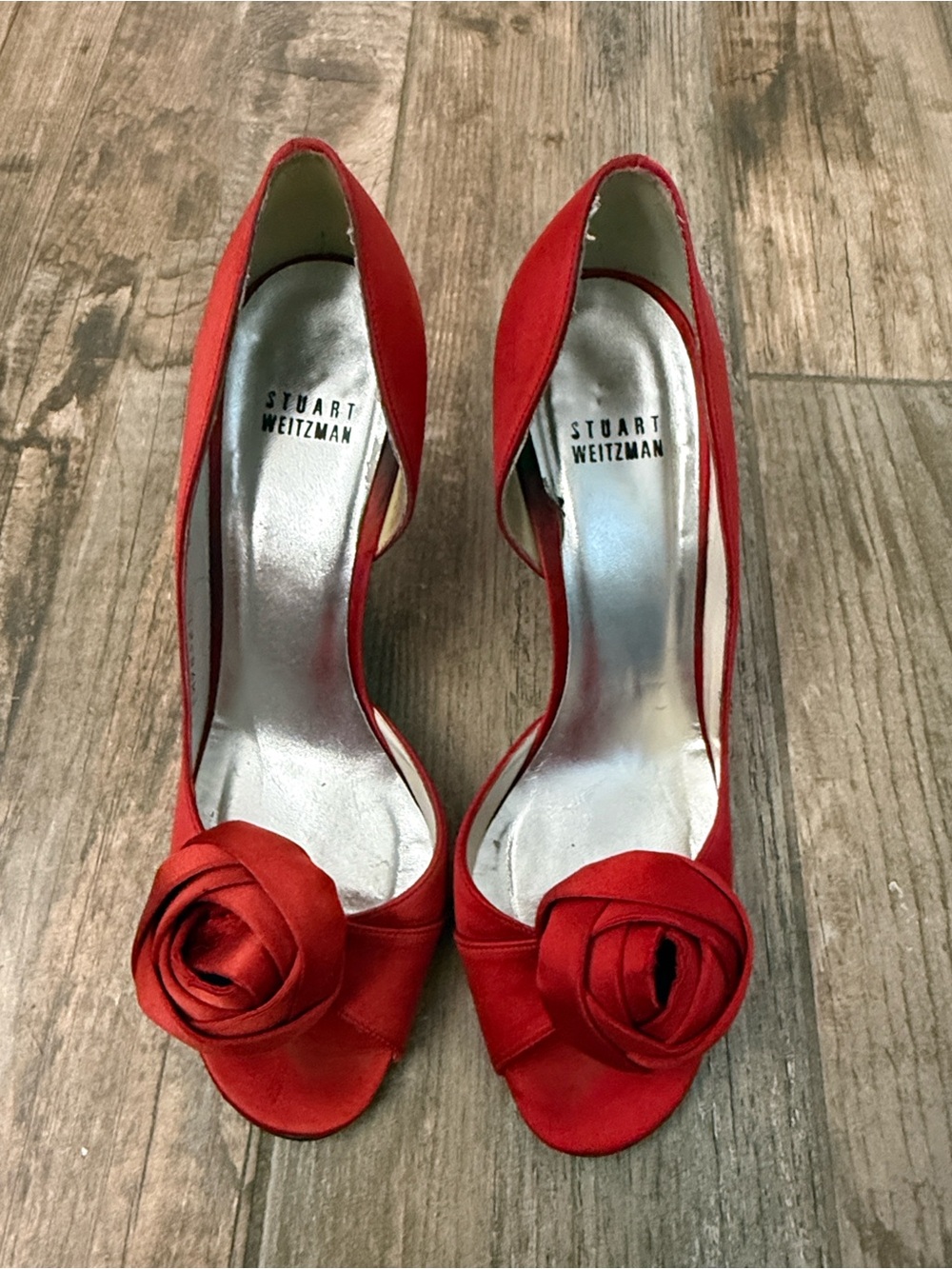 Stuart Weitzman Red Satin Peep-Toe Heels with Rosette Accent